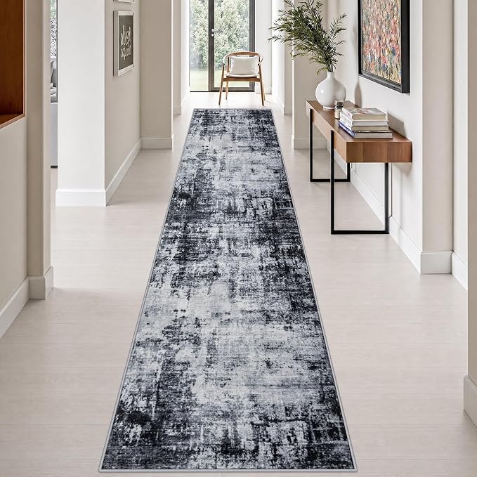 2.6x14 Washable Runner Rug:Modern Abstract Soft Carpet Dark Black | For Hallway, Bedroom, Kitchen, Laundry, Bathroom,Door Mat,Modern Abstract,Machine washable,Non-Slip,Stain Resistant,Indoor