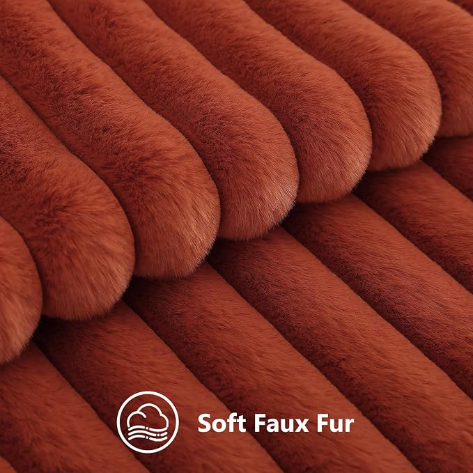 decorUhome Fall Faux Fur Throw Pillow Covers 16x16 Set of 2 Rust | Decorative Soft Cozy Striped Plush Modern Farmhouse Boho Couch Pillow Cases Velvet Back for Sofa Bed Living Room Home Decor