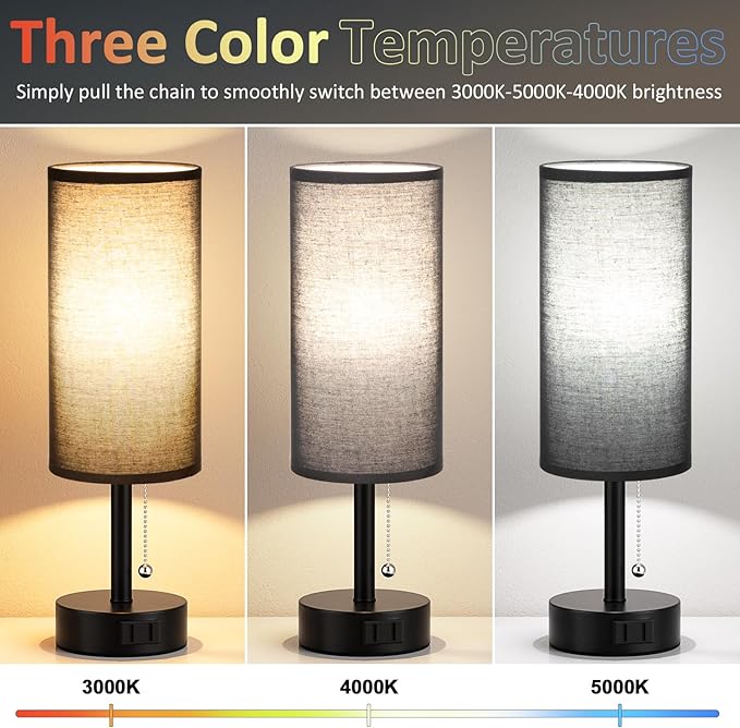Black Bedside Table Lamps Set of 2 - Bedroom Lamp for Desk, AC Outlet | 3CCT(3000K/4000K/5000K), LED Bulbs Included, Black Fabric Lampshade, 14in Small Lamp for Nightstand, Guest Room, Living Room