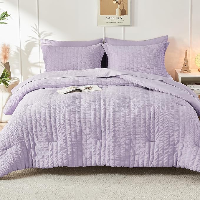 HYMOKEGE Lavender Full Size Comforter Sets Seersucker 7 Pieces, All Season Luxury Bed in a Bag for Bedroom, Bedding Set with Comforters, Sheets, Pillowcases & Shams