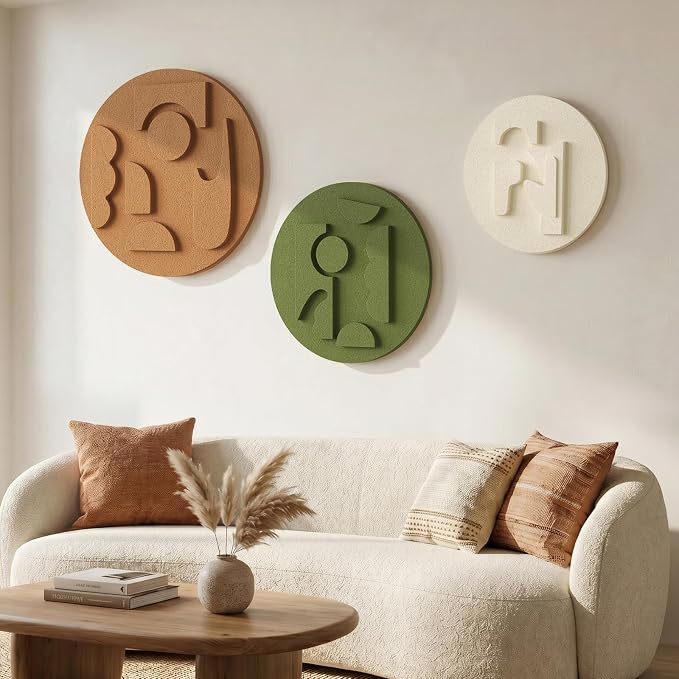 3D Textured Round Modern Abstract Boho Wall Art for Living Room, 3 Piece | Minimalist Bohemian Geometric Sculptures Artwork for Walls, White Terracotta Green Paintings, Bedroom Home Office Wall Decor
