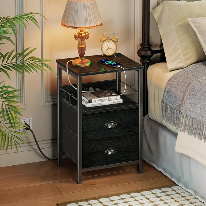 Nightstand with Charging Station for Bedroom, 2 Fabric Drawers, Black Oak | Night Stand with USB Ports & Outlets, Side Table with Storage Shelf & Hooks, Industrial End Table, for Living Room, Dorm