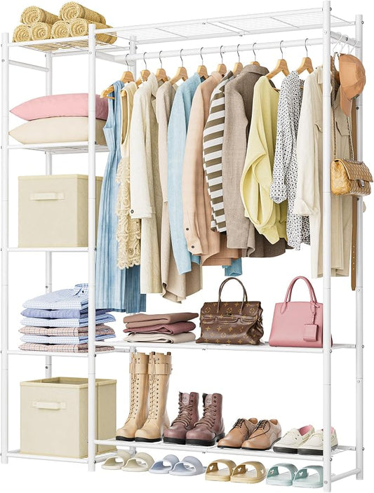 HOMIDEC Wardrobe Closet,Portable Clothes Rack with 4 Tiers Shelves | Freestanding Closet Organizers and Storage System with Hanging Rod,Steel Clothing Rack Suitable for Cloakrooms,Bedrooms.White