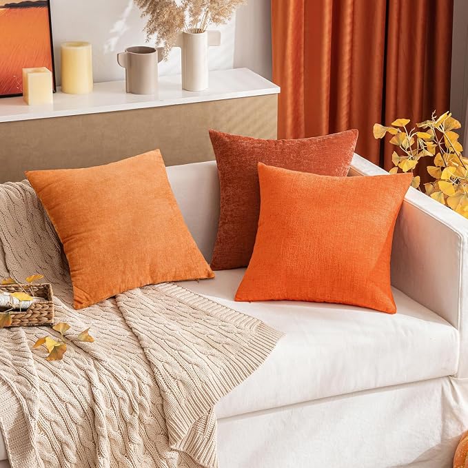 MIULEE Soft Chenille Fall Throw Pillow Covers Orange 16x16 Inch Pack of 2 | Modern Fall Home Decor, Classic Decorative Pillows, Solid Dyed Cases, Boho Couch Cushion Covers for Sofa Bed Living Room