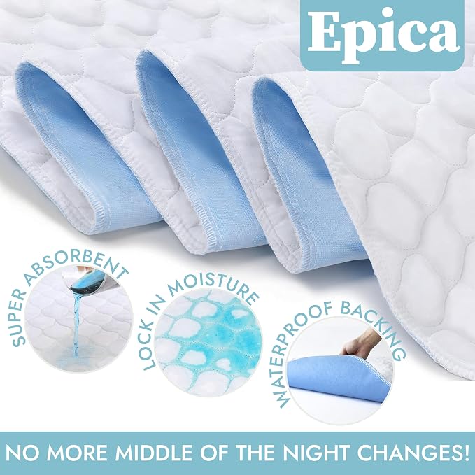 Epica Incontinence Bed Pads Washable Waterproof, 34"x52" (1 Pack), USA Made | 500 Washes, Reusable Heavy Absorbency Washable Pee Pads for Adults, Elderly & Pets - White