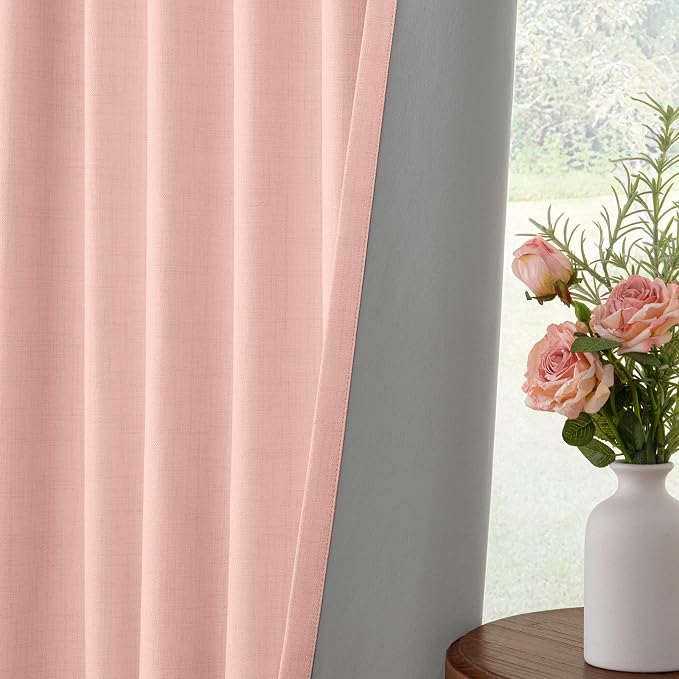 INOVADAY Linen Textured 100% Blackout Sliding Door Curtains 102x108 | Blush Pink, 1 Panel, Extra Wide Sliding Glass Door Curtains for Patio, Blackout Curtains for Bedroom, Thermal Insulated