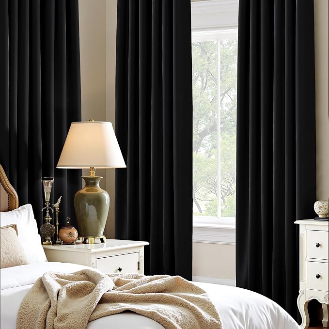 PONY DANCE Short Black Out Curtains 48 inch Long for Small Window, 2 Panels | Rod Pocket Privacy Bathroom Draperies,Thermal Insulated Lighting Blocking Drapes for Basement(Black, W42 x L48 inches)