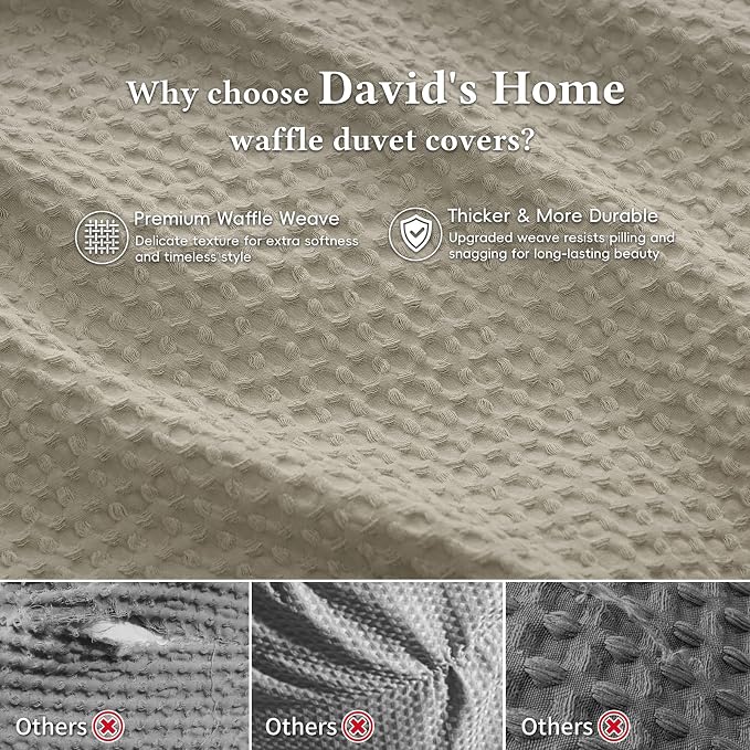 David's Home Textured Waffle Weave Duvet Cover Set, King Size, Taupe | Breathable Cozy for All Season, 300GSM, 3PCS Home Bedding Decor, OEKO-TEX Certified, Hidden Zipper, 8 Corner Ties, 104" X 90"