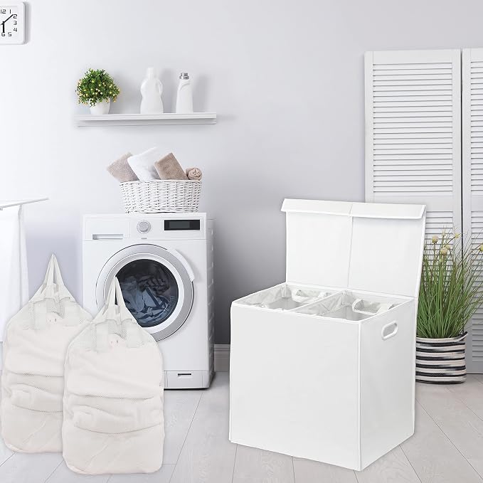 Simple Houseware Double Laundry Hamper with Lid & Removable Bags, White | with Handles for Bedroom, Laundry Room, Bathroom
