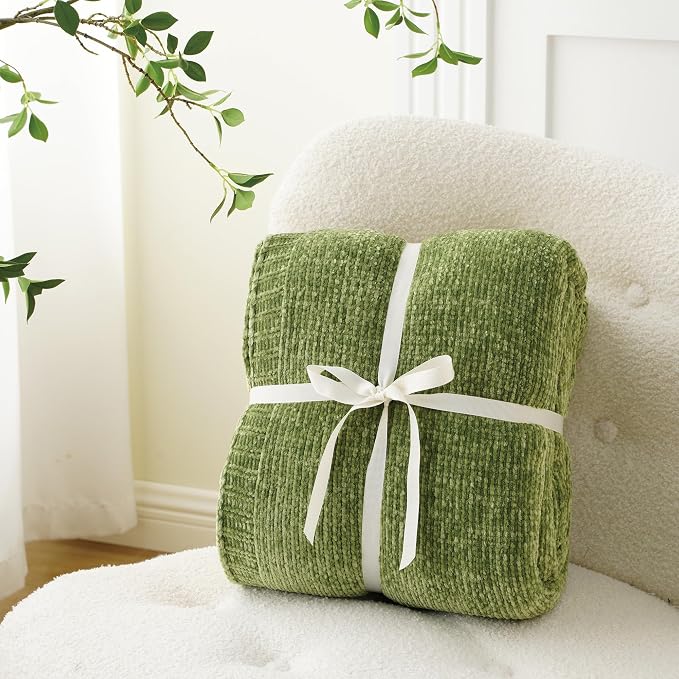 Green Chenille Throw Blanket for Couch, Soft Knit Throw Blanket 51"x67" | Shiny Chenille Blanket, Decorative Soft Moss Green Blankets for Bed Sofa Living Room