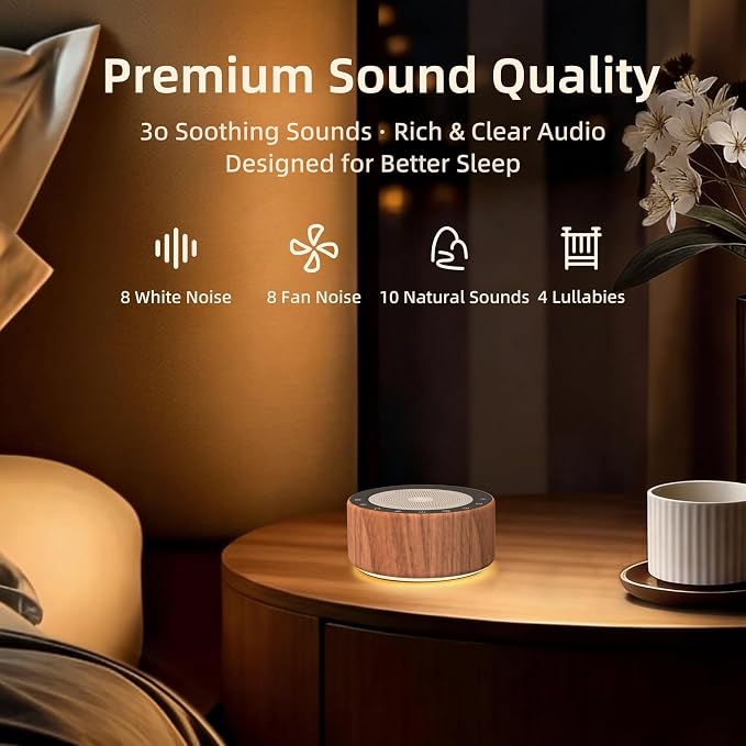 Kipcush White Noise Machine for Baby & Adults, 30 Soothing Sounds, Soft Non-Glare Nursery Lamp, 8 Color Night Lights, Memory Function (Angel V5 Wooden, Standard)