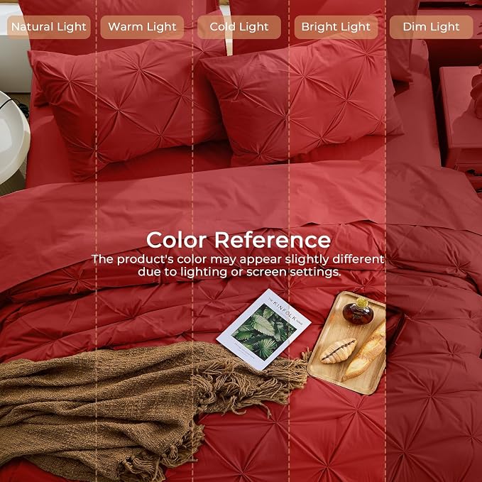 Sasttie Full Size Comforter Set, 7-Piece Bed in a Bag Double, Pintuck Bedding Set for All Season, Includes Comforter, Flat Sheet, Fitted Sheet, Pillowcases and Pillowshams, Red