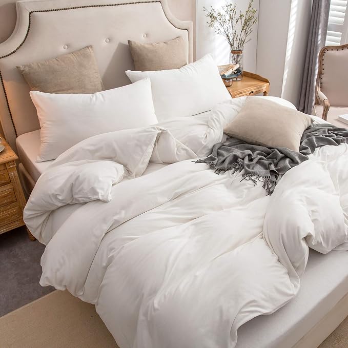 PURE ERA Jersey Knit Sheet Set Solid Off White Twin | 100% Cotton, 3 Piece Set, T Shirt Soft, Breathable, Envelope Closure Pillowcases, Hidden Zipper, 8 Ties, No Insert, Modern