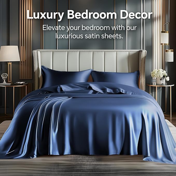 BEDELITE Satin Sheets Twin XL Size Bed Set, Navy, 3 Pieces | Luxury Silky Bed Sheets, 15 Inch Deep Pocket, Similar to Silk, Soft and Cooling, Reduces Friction, Gentle on Hair and Skin