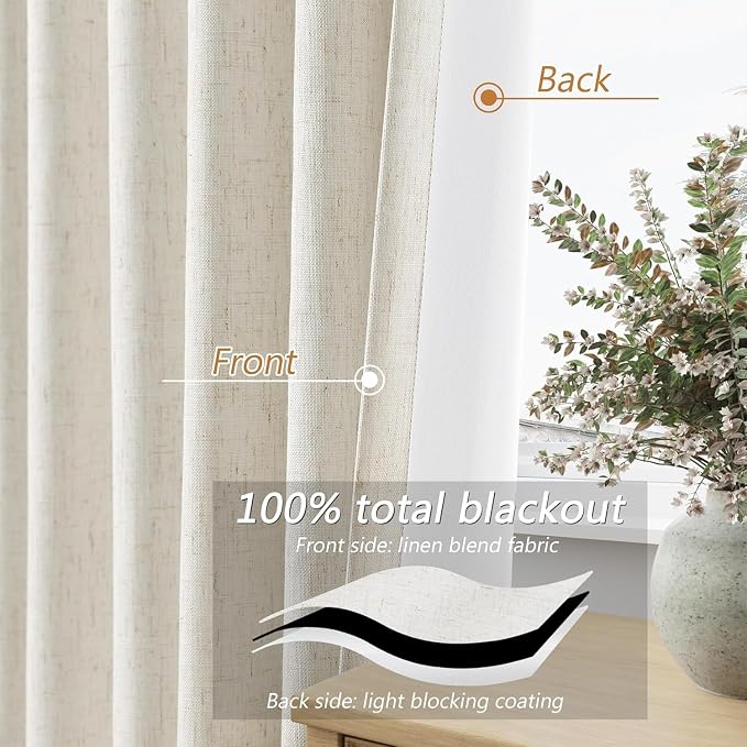 Extra Long 100% Blackout Linen Curtains for Bedroom 105 Inches Long Natural Cream Black Out Curtain Back Tab Thermal Insulated Room Darkening Window Drapes for Living Room 2 Panels Beige Ivory 52x105