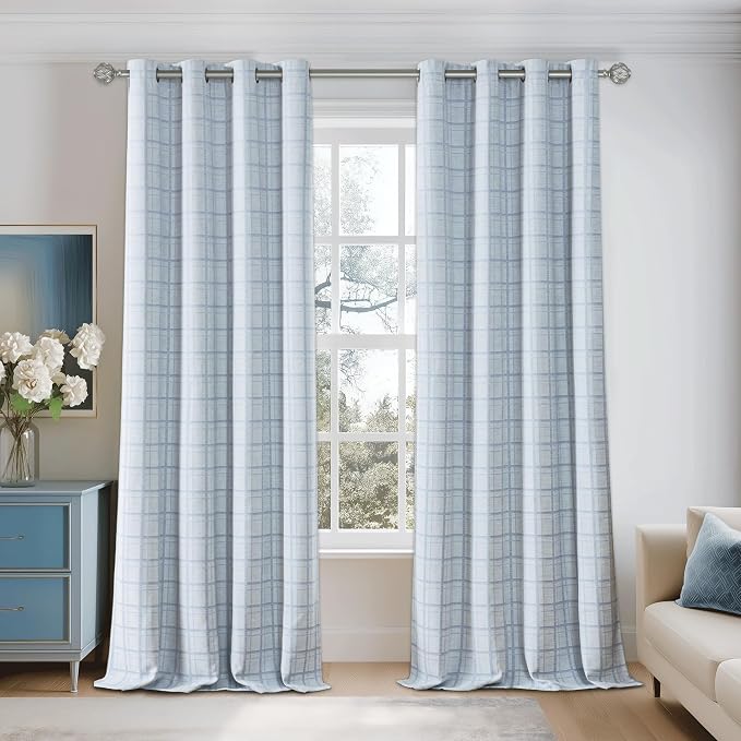 Beauoop Blue Plaid Jacquard Blackout Curtains for Bedroom 52x96 2 Panels | Gingham Checkered Room Darkening Drapes for Living Room 96 Inch Long Thermal Insulated Soundproof Window treatment Grommet