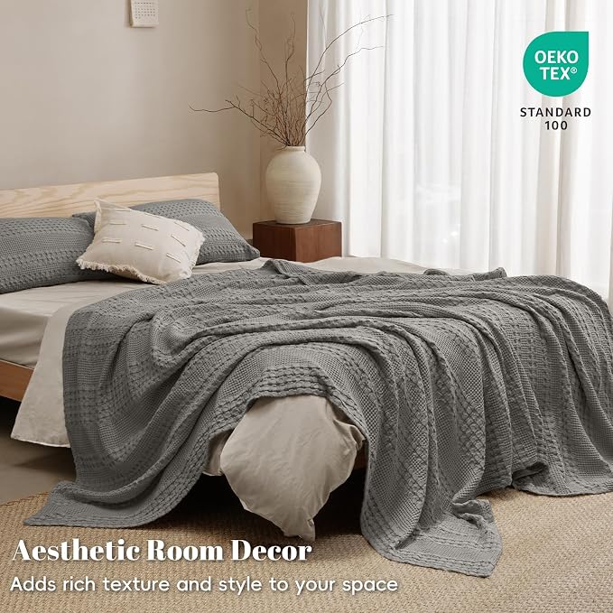 PHF Lightweight 100% Cotton Waffle Blanket for Bed, Twin XL, Dark Grey | Pre-Washed Soft Cotton Comfort, Breathable Layering Warmth for Fall & Winter, Couch & Guest Room, Couch, Home Decor & Gifts