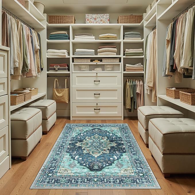 RELEANY Washable Area Rug, 3'x5', Teal | Non-Slip, Water Repellent, Pet Friendly, Easy to Clean, Vintage Floral Boho Decor for Living Room Bedroom Beside Kitchen