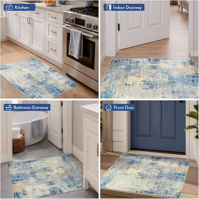 Lahome Modern Abstract Kitchen Rug - 2x3 Washable Small Front Doormat Soft Throw Rugs for Entryway Non-Slip, Contemporary Faux Wool Floor Indoor Carpet for Bathroom, Blue/Yellow/Ivory