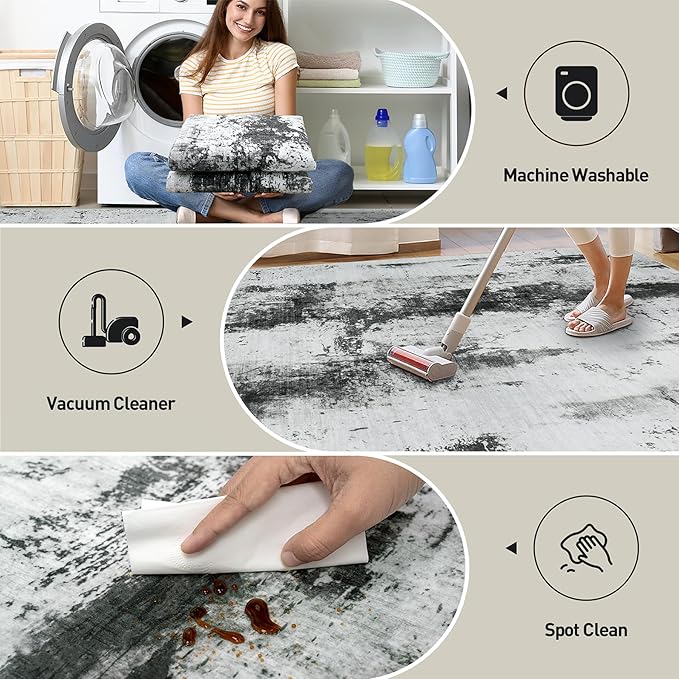 9x12 Area Rugs for Living Room: Washable Abstract Black White Grey Carpet | Non-slip TPE backing makes this washable soft low-pile rug safe & durable, Pet-friendly decor for dining room,nursery,office