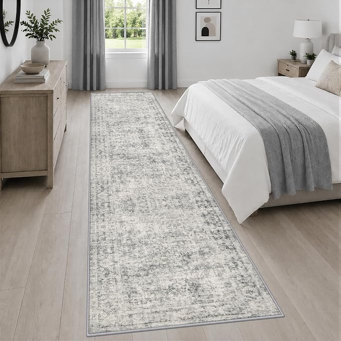 2.6x14 Washable Runner Rug:Modern Abstract Soft Carpet Black Grey | For Hallway, Bedroom, Kitchen, Laundry, Bathroom,Door Mat,Modern Abstract,Machine washable,Non-Slip,Stain Resistant,Indoor