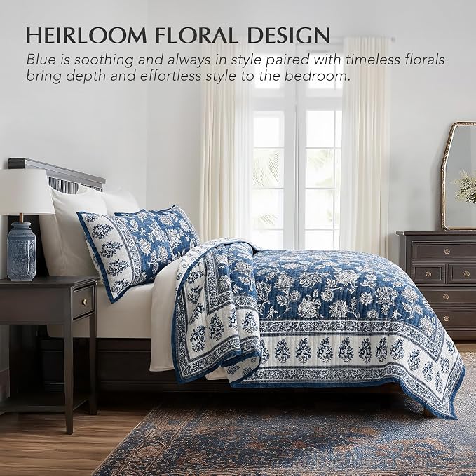EverGrace 100% Cotton Floral Quilt Set, Queen Size, Indigo Blue 92"×96" | Reversible Lightweight Bedspread Coverlet, Vintage Floral Farmhouse Bedding,Traditional Block Print Quilt with 2 Pillow Shams
