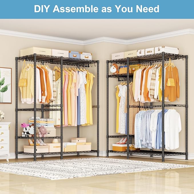 Ulif F7 Medium Clothes Rack, Clothing Racks for Hanging Clothes, Black | Heavy Duty Garment Rack, 6-Tiers Freestanding Portable Closet Storage Racks 45'' W × 14.6'' D × 76.6'' H, Max Load 750 Lbs