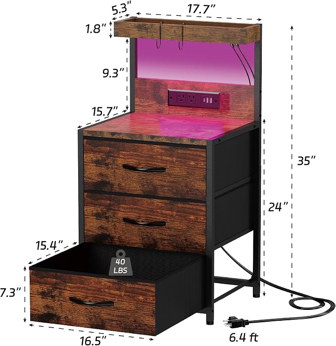 SZLHANJZ Nightstands Set of 2, LED Light and Charging Station, 3 Drawers | Spacious Fabric Drawers End Table, Storage Night Stand with Hooks, Tall Bed Side Table for Bedroom Dorm, Rustic Brown