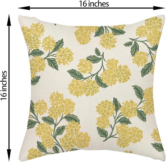 Mustard Yellow Spring Pillow Covers 16x16 Inch 2 Pcs Green Hydrangea Flower Decor Throw Pillows Vintage Floral Seasonal Summer Outdoor Decoration Pillowcase Linen Cushion Cover for Couch Sofa
