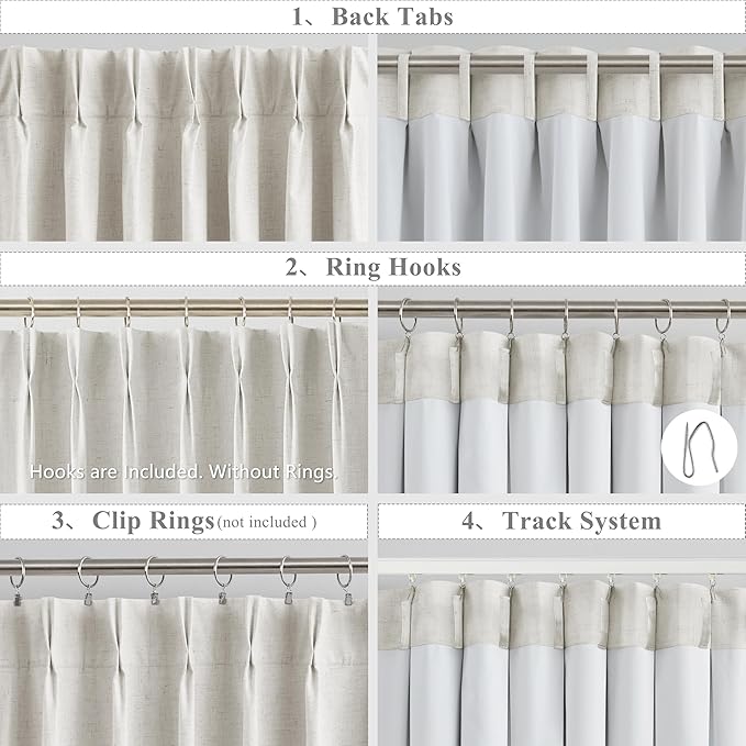 WEST LAKE 90 Inches Natural Full Blackout Curtains with Liner for Bedroom | French Bailey Pinch Pleated Curtain,Linen Blended Living Room Window Treatment,60"Wx90"L,1 Panel