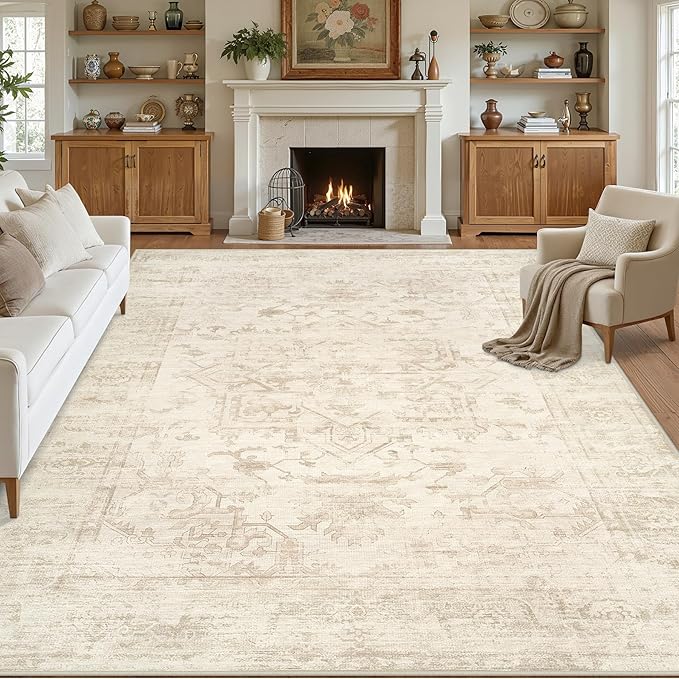 8x10 Area Rugs Living Room: Bedroom Washable Carpet Beige/Brown | Large Vintage Boho Indoor Decor Neutral Soft Nursery Farmhouse Dining Room Office Floor Non-Slip Low Pile Under Table Rug