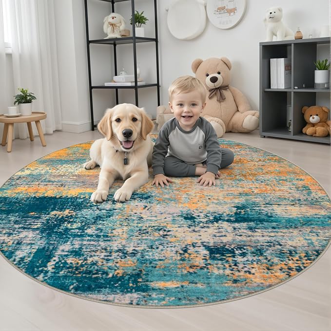 Round Area Rug Living Room: 4 ft Modern Washable Indoor Carpet | For Bedroom Dining Room Farmhouse Nursery Hallway Office,Modern Abstract,Machine washable,Non-Slip,Stain Resistant,Indoor