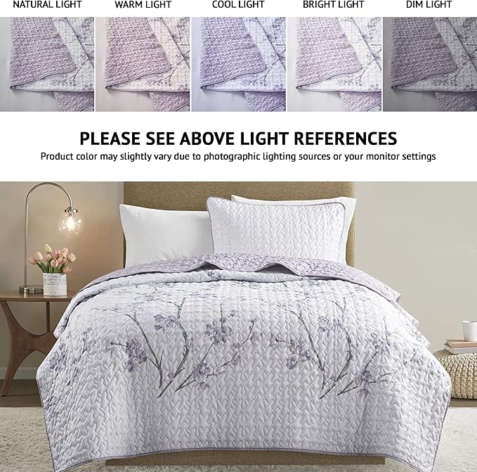 Comfort Spaces Bedspread Coverlet Set, Twin/Twin XL, 2 Piece, Grey/Purple | All Season, Microfiber, Classic Layered Look for Any Bed, Floral Pattern, Reversible, Lightweight, OEKO-TEX Certified