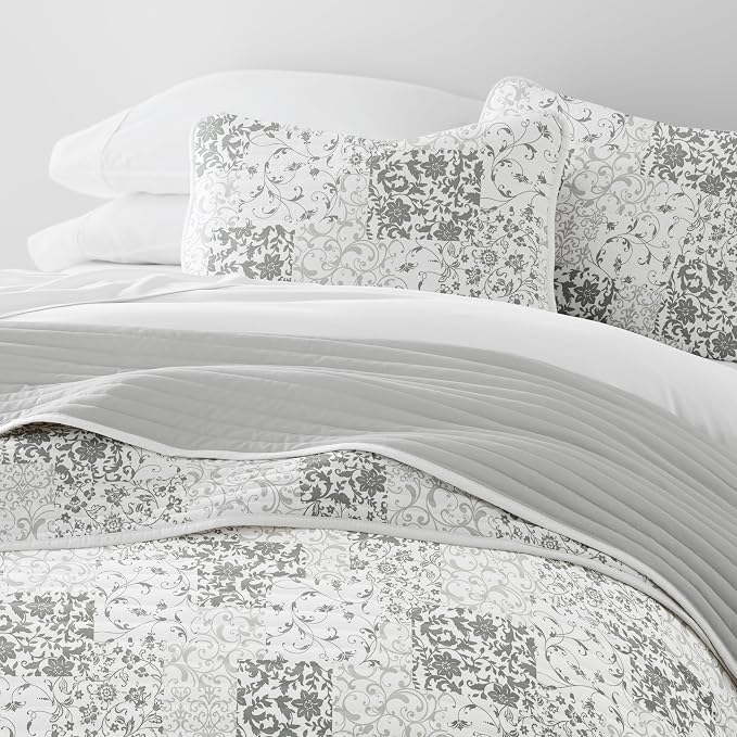 Merit Linens Soft Quilt Coverlet Bedding Set - Pattern/Solid Reversible - Twin/TwinXL Light Gray