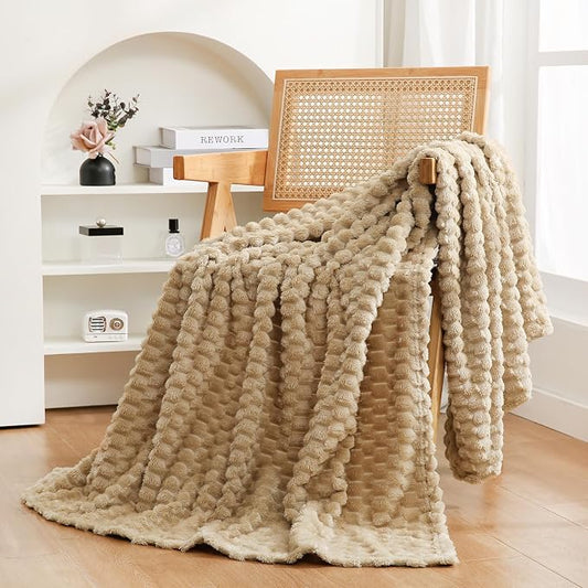 Puncuntex Beige Throw Blanket 60"×80" inches Fuzzy 3D Jacquard Decorative | Flannel Fleece Super Soft Plush Cozy Blanket for Couch Sofa Chair Lightweight