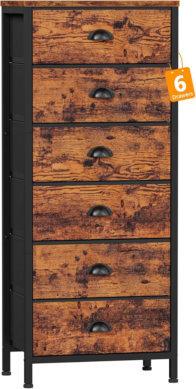 Furnulem Dresser for Bedroom, 6 Bins Tall Fabric Storage Drawers | Rustic Brown Chest of Drawers , Metal Frame, Wood Top,Tall Nightstand for Dorm,Closet, Bedside Furniture in Living Room