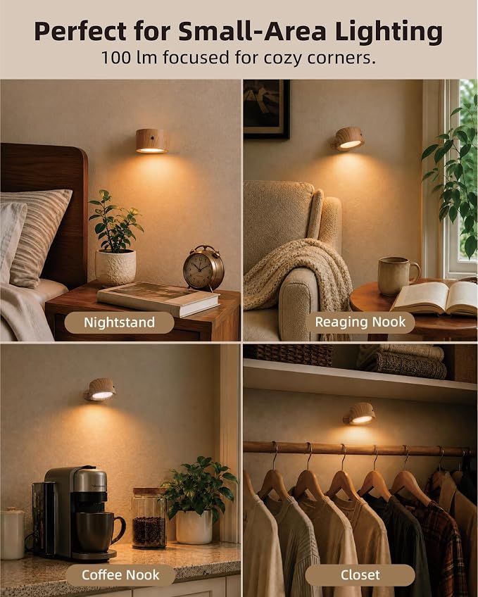 Rechargeable Wall Sconces with Remote, Magnetic Wall Lights, Wood 2 Pack | 3 Color Temperatures, Remote and Touch Control, 360° Rotating and Dimmable for Living Room & Bedroom