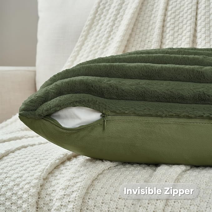 FUTEI Pack of 2 Faux Fur Throw Pillow Covers 16x16 Inch, Olive Green | Fluffy Faux Rabbit Fur Front/Premium Velvet Back,Hidden Zipper,Machine Washable,Non-Shedding,Colorfast,Insert Not Included.