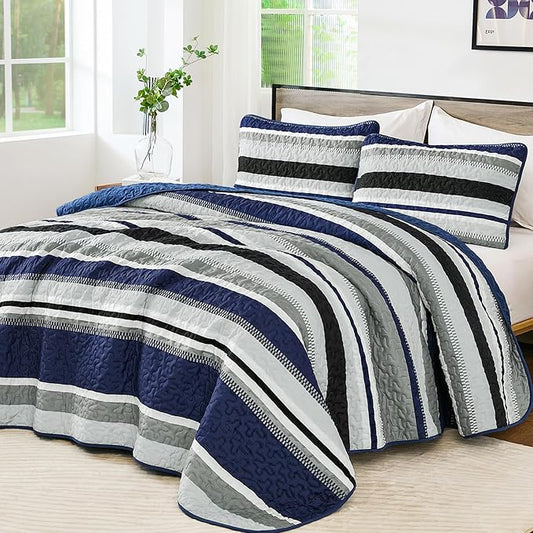 WONGS BEDDING King Striped Quilt Set, Navy Blue Lightweight Bedspread | Lightweight Microfiber Coverlet, Breathable All-Season, Machine Washable, 3-Piece Set 110"x90", Great for Men Boys Dorm Room