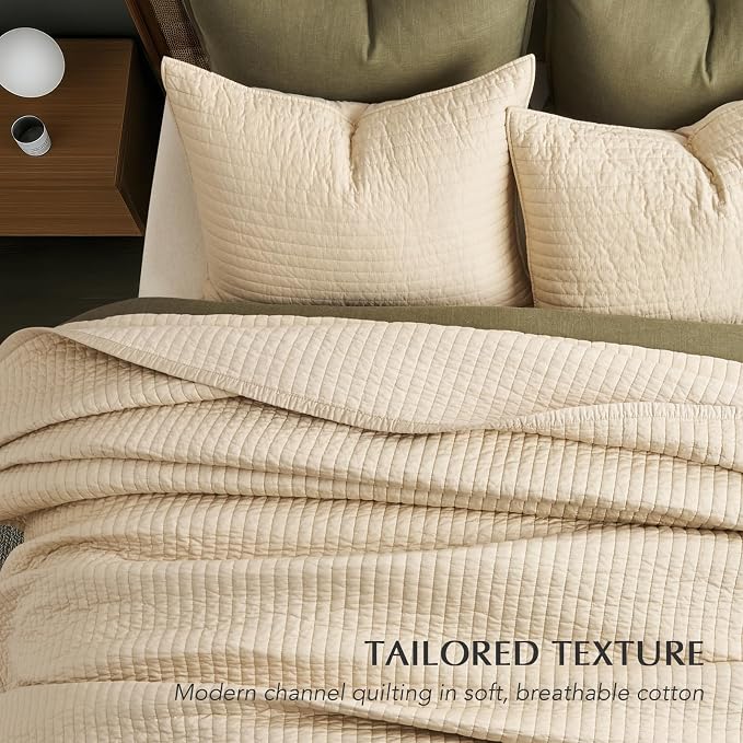 EVERGRACEHOME Cotton Sateen Quilt Set, Queen Size, Light Sand | 100% Cotton, Channel Stitch Coverlet Bedspread, Pre-Washed Lightweight Soft Bedding Set for All Season, 3 Piece, with 2 Shams