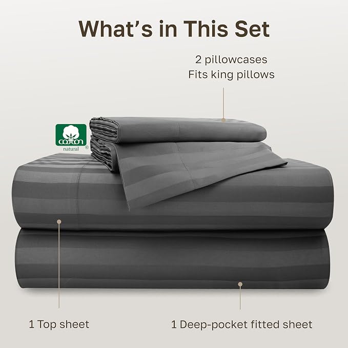 California Design Den 100% Cotton Sateen Deep Pocket King Sheet Set, 4 Pcs | Soft 500 Thread Count Backed by Good Housekeeping Seal, 16" Deep Pocket, All-Around Elastic, Easy Care - Grey Striped
