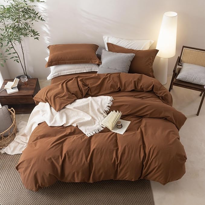 BDEAR 3Pcs Dark Orange Duvet Cover Super Queen Size 98" L x 90" W | 100% Washed Cotton, 1 Duvet Cover with 2 Pillowcases, Zipper Closure, OEKO TEX Standard,8 Corner Ties,Linen-Liked Texture