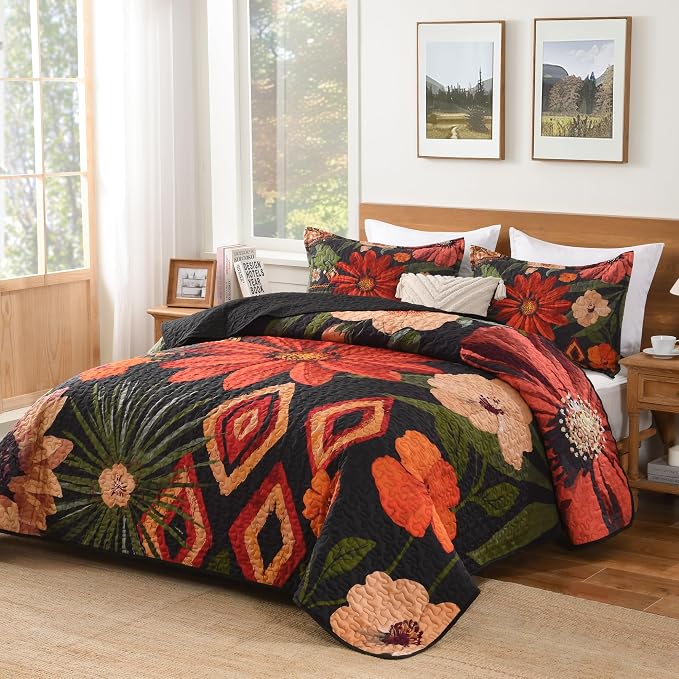 Andency California King Quilt, Cal King Oversized Black Floral Bedspread | 3 Pieces Red Boho Summer Flower Botanical Summer Bedspreads with 2 Shams, Reversible Polyester for All Seasons, 112"x104"