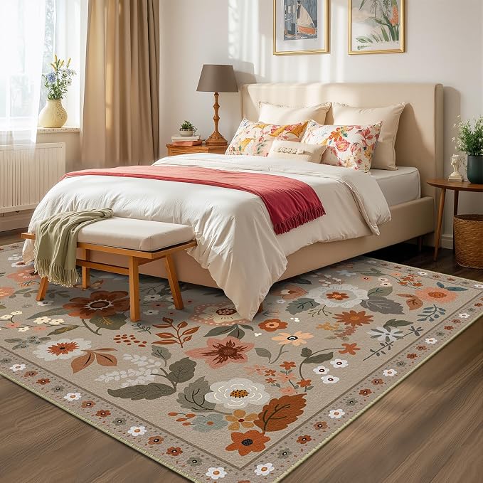 RELEANY Floral Washable 6x9 Area Rugs Brown/Brick | Flower Carpet, Print, Boho, Non-Slip, Easy to Clean, Soft, Low Pile for Living Room Bedroom Kitchen Office Entryway Hallway