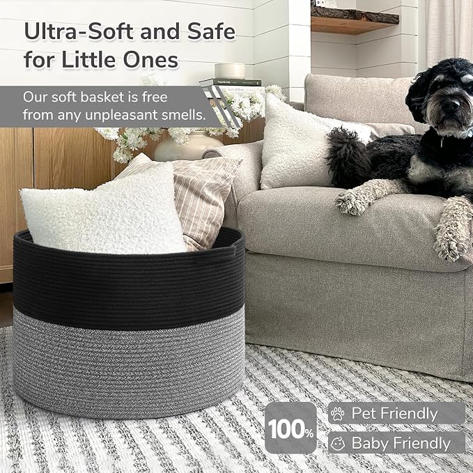 INDRESSME XXXLarge Woven Rope Blanket Basket Living Room Black Grey | 21.7" x 13.8" Storage baskets for toys laundry & pillows. Fits living room bedroom or playroom décor. Soft-touch with handles