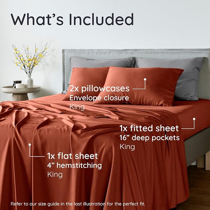 Bambaw 100% Viscose Derived from Bamboo Sheets King Size Set – 4pcs Super Soft & Cooling Sheets, Luxury Sheet Set King Deep Pocket, Fits Up to 16'' Mattresses with Elastic Corner Straps (Terracotta)