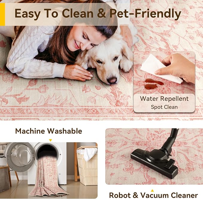 RELEANY Washable Area Rug, Round 8ft, Pink/Light Vintage Pink | Non-Slip, Water Repellent, Pet Friendly, Easy to Clean, Vintage Floral Boho Decor for Living Room Bedroom Dining Room