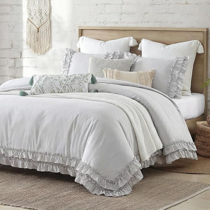 Bedorm Gray Duvet Cover Set King Ruffle Bedding Set Pleat Ruffled Shabby Chic Comforter Cover Extra Soft & Easy Care Gray Boho Duvet Cover with Zipper Closure