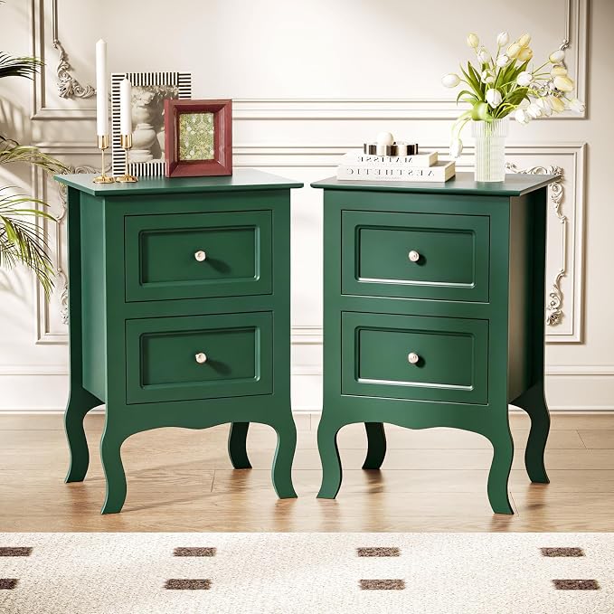 Bonnlo Green Nightstand Set of 2, Small Green Night Stands for Bedroom, Kids Room, Living Room, Wood, 15.75" W x 11.8" D x 23.6" H