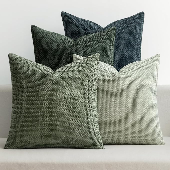 MIULEE Soft Decorative Chenille Pillow Covers Green Navy 20x20 Pack of 4 | Nordic Home Decor, Moody Green–Navy Set, Couch Throw Pillows, Farmhouse Boho Cushion Covers for Sofa Bed Living Room